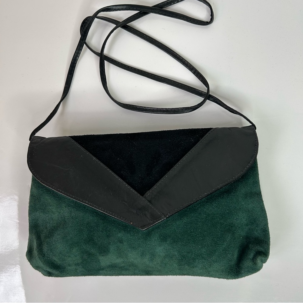 80's Vintage Green and Black Suede and Leather Envelope Style Purse